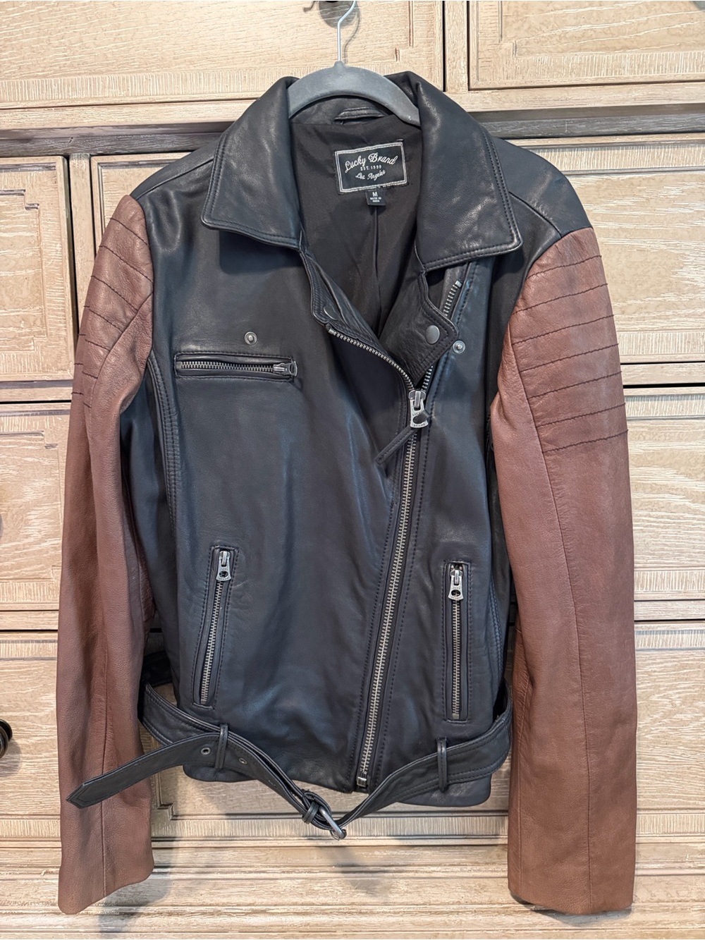 Lucky Brand Black Body Brown Sleeve Leather Moto Jacket